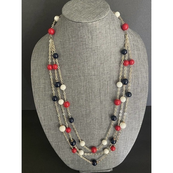 Vintage Womens Layered Beaded Red White Blue Silver Tone Chain Link Necklace - Picture 1 of 6